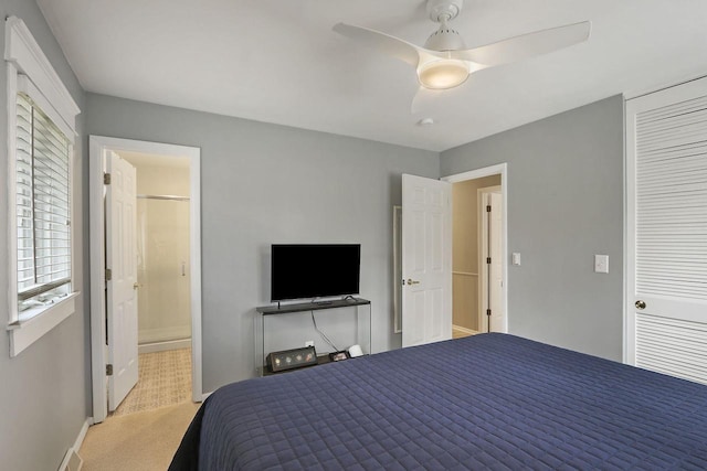 831 Sauganash Dr, Fontana, WI 53125 - bedroom with a ceiling fan, carpet floors, and ensuite bathroom