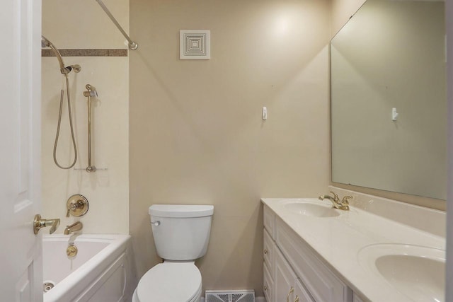 831 Sauganash Dr, Fontana, WI 53125 - bathroom with toilet, a sink, shower / bathtub combination, visible vents, and double vanity
