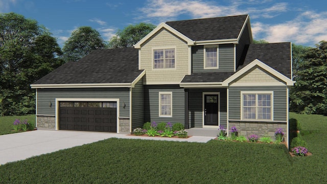 6608 Grouse Woods Rd, Deforest, WI 53532 - view of front of house with concrete driveway, an attached garage, stone siding, a front yard, and a shingled roof