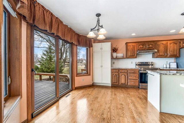 2015 Hickory Ln, Oshkosh, WI 54901 - kitchen featuring decorative backsplash, stainless steel electric range, light wood finished floors, and under cabinet range hood