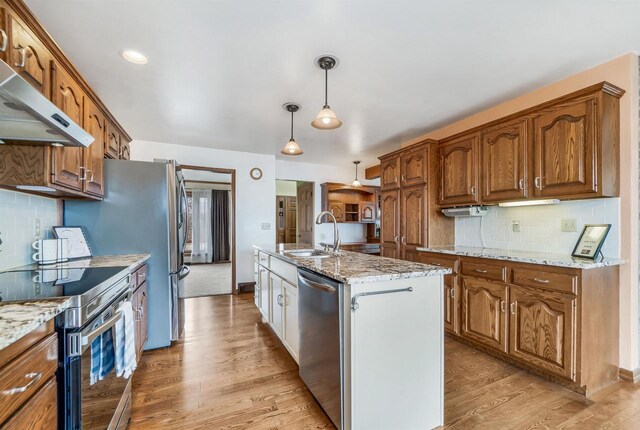 2015 Hickory Ln, Oshkosh, WI 54901 - kitchen with light wood-type flooring, under cabinet range hood, a sink, stainless steel appliances, and a center island with sink