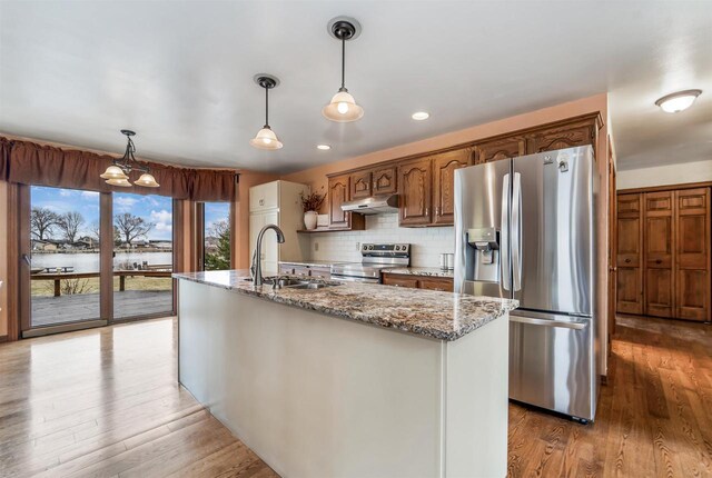 2015 Hickory Ln, Oshkosh, WI 54901 - kitchen with light wood-style floors, under cabinet range hood, a sink, and stainless steel appliances