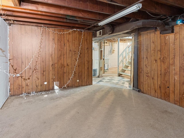 4348 N 30th St, Milwaukee, WI 53216 - below grade area featuring stairs, carpet, and wooden walls