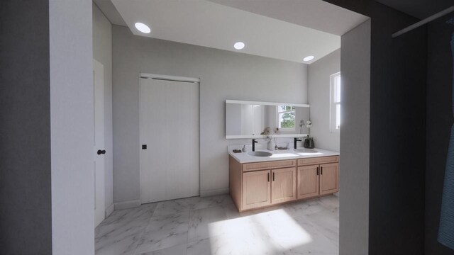1417 Ridgetrail Dr, Cross Plains, WI 53528 - full bath featuring marble look tiles and double vanity