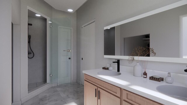 1417 Ridgetrail Dr, Cross Plains, WI 53528 - full bath featuring marble look tiles, a shower stall, and double vanity