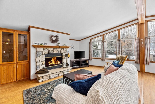 843 Sundstein Rd, Eagle River, WI 54521 - living room with healthy amount of natural light, a stone fireplace, light wood-type flooring, crown molding, and baseboards