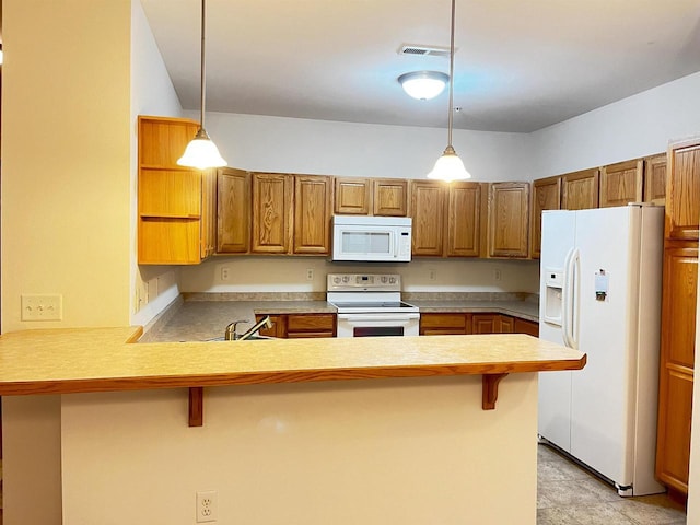 200 Femrite Dr Unit 211, Monona, WI 53716 - kitchen featuring white appliances, a peninsula, open shelves, hanging light fixtures, and light countertops