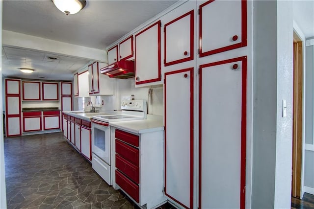 W1797 County Road A, Mindoro, WI 54644 - kitchen with white range with electric stovetop, a sink, light countertops, stone finish flooring, and under cabinet range hood