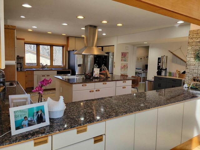 8100 160th Ave, Bristol, WI 53104 - kitchen with island exhaust hood, dark stone counters, recessed lighting, a kitchen island, and a sink
