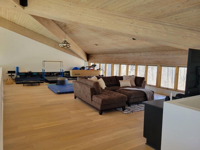 8100 160th Ave, Bristol, WI 53104 - living area featuring light wood-style flooring and vaulted ceiling with beams