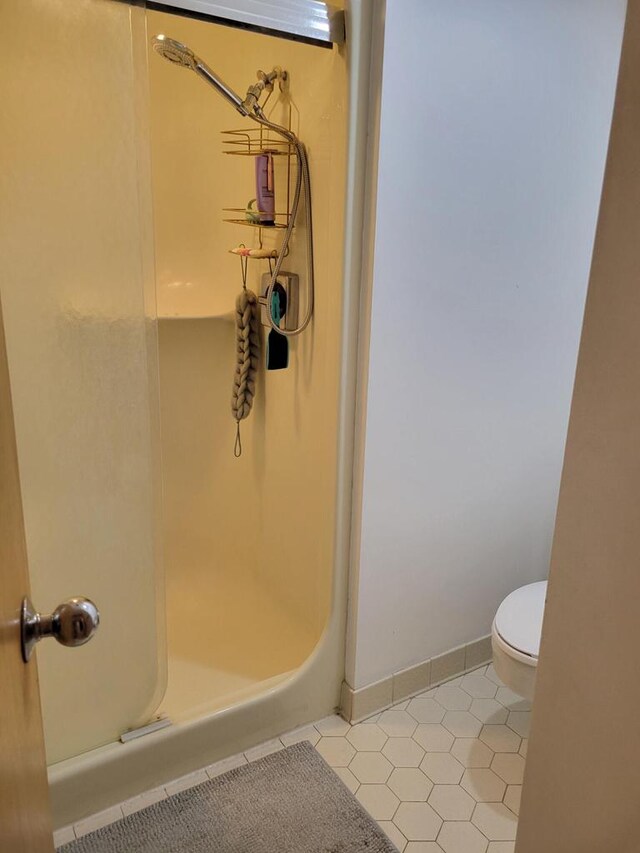 8100 160th Ave, Bristol, WI 53104 - bathroom featuring baseboards, toilet, tile patterned floors, and a shower stall