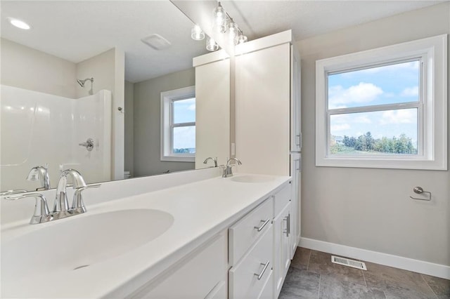 721 Jacko Ct, Hudson, WI 54016 - bathroom featuring a sink, baseboards, walk in shower, and visible vents
