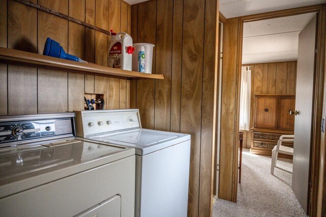 N7363 Wahneeta Ave, New Lisbon, WI 53950 - laundry area featuring washing machine and clothes dryer, wood walls, laundry area, and carpet