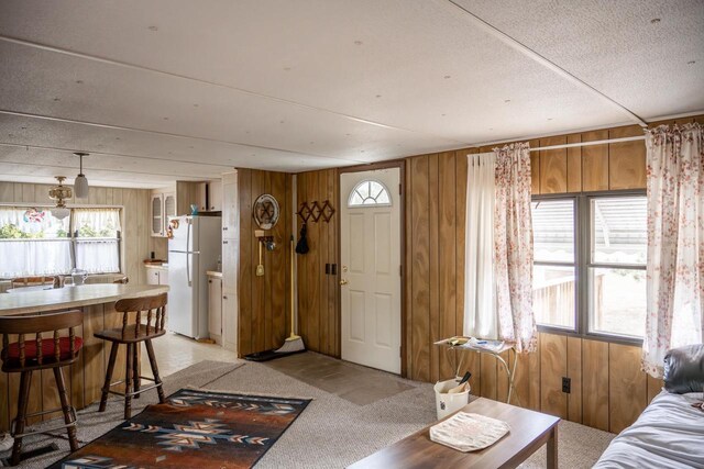 N7363 Wahneeta Ave, New Lisbon, WI 53950 - living area featuring a textured ceiling, a wealth of natural light, and wooden walls