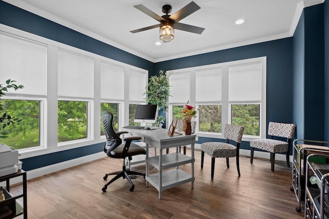 6612 Florance Ruth Ln, Sun Prairie, WI 53590 - office with healthy amount of natural light, crown molding, a ceiling fan, recessed lighting, and dark wood finished floors