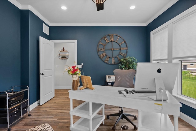 6612 Florance Ruth Ln, Sun Prairie, WI 53590 - office with crown molding, baseboards, wood finished floors, and recessed lighting