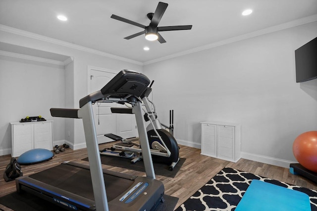 6612 Florance Ruth Ln, Sun Prairie, WI 53590 - workout area with a ceiling fan, wood finished floors, baseboards, recessed lighting, and ornamental molding