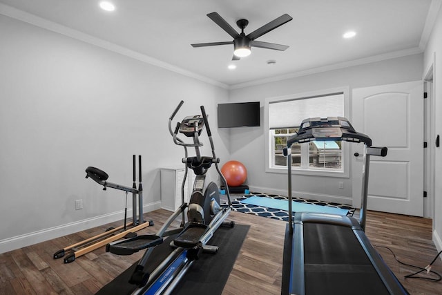 6612 Florance Ruth Ln, Sun Prairie, WI 53590 - workout area with a ceiling fan, baseboards, wood finished floors, recessed lighting, and ornamental molding