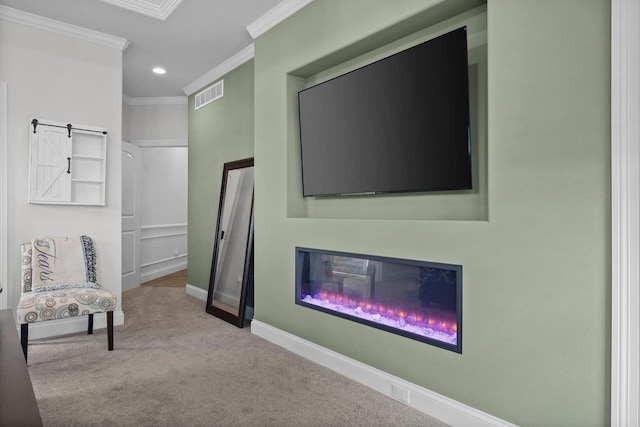 6612 Florance Ruth Ln, Sun Prairie, WI 53590 - living area featuring crown molding, baseboards, carpet, a glass covered fireplace, and recessed lighting