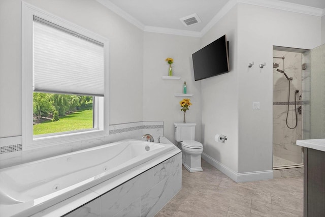 6612 Florance Ruth Ln, Sun Prairie, WI 53590 - bathroom featuring toilet, a tile shower, a jetted tub, ornamental molding, and baseboards