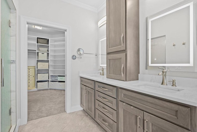 6612 Florance Ruth Ln, Sun Prairie, WI 53590 - bathroom featuring ornamental molding, a stall shower, double vanity, a spacious closet, and baseboards