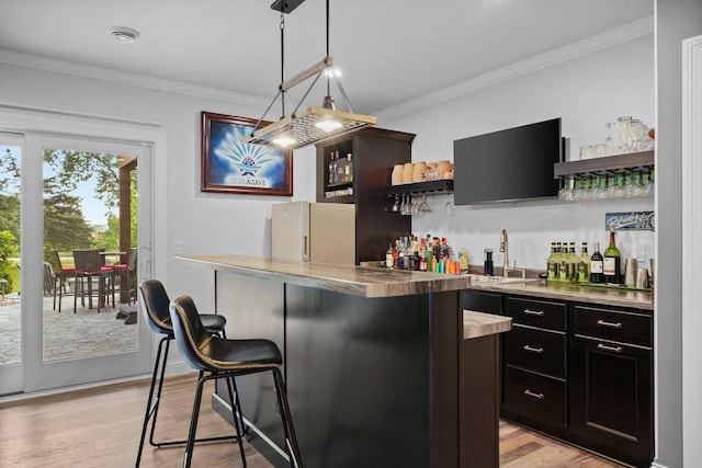 6612 Florance Ruth Ln, Sun Prairie, WI 53590 - indoor wet bar featuring freestanding refrigerator, light wood finished floors, ornamental molding, and pendant lighting