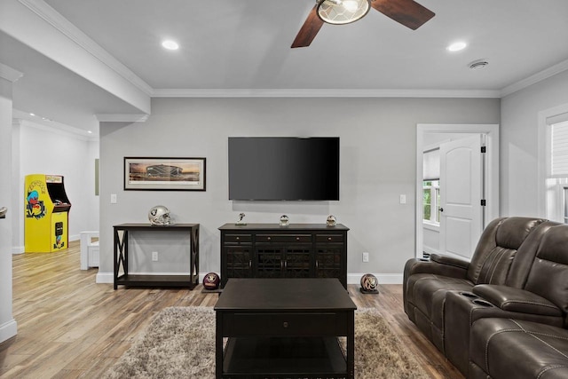 6612 Florance Ruth Ln, Sun Prairie, WI 53590 - living area featuring ornamental molding, a ceiling fan, wood finished floors, baseboards, and recessed lighting