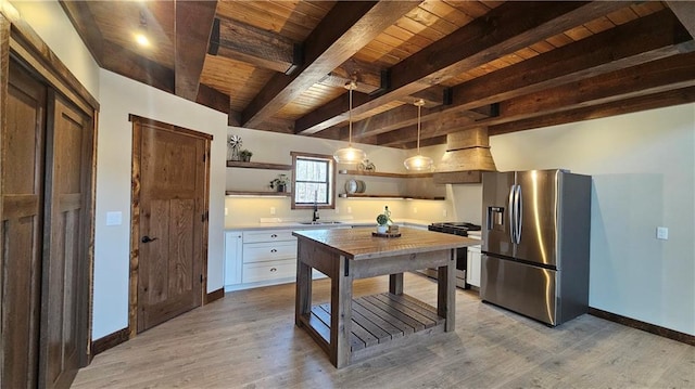 11960 US Highway 63, Hayward, WI 54843 - kitchen featuring wooden ceiling, custom exhaust hood, a sink, open shelves, and appliances with stainless steel finishes