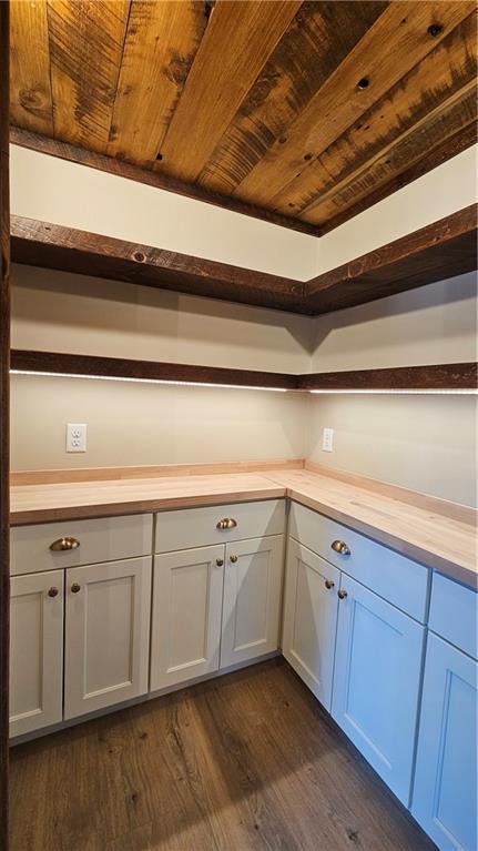 11960 US Highway 63, Hayward, WI 54843 - kitchen with butcher block counters, wood ceiling, and dark wood finished floors
