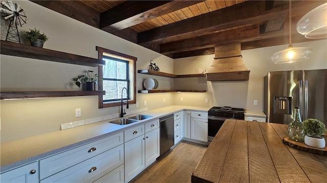 11960 US Highway 63, Hayward, WI 54843 - kitchen featuring wood ceiling, a sink, open shelves, stainless steel appliances, and custom range hood