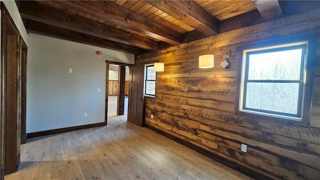 11960 US Highway 63, Hayward, WI 54843 - spare room featuring wood ceiling, wood finished floors, beam ceiling, wood walls, and baseboards