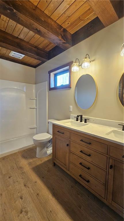 11960 US Highway 63, Hayward, WI 54843 - bathroom featuring beamed ceiling, wood ceiling, a sink, and wood finished floors