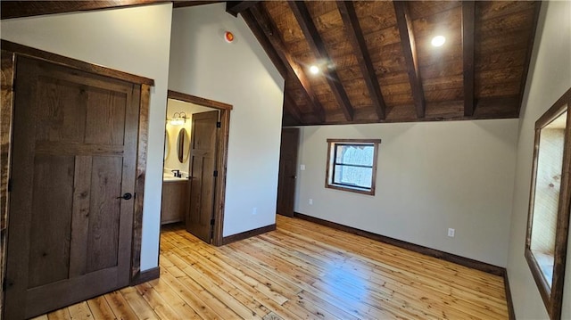 11960 US Highway 63, Hayward, WI 54843 - unfurnished bedroom featuring high vaulted ceiling, wooden ceiling, beamed ceiling, baseboards, and light wood-style floors