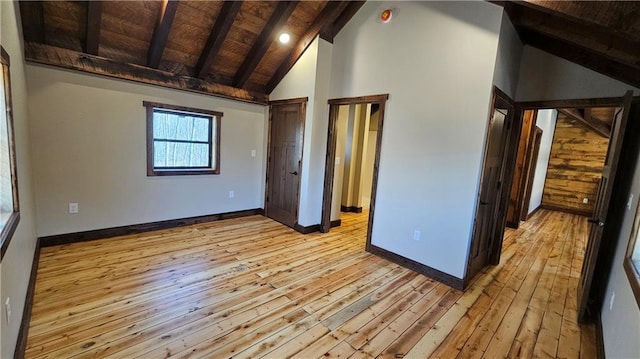 11960 US Highway 63, Hayward, WI 54843 - unfurnished room with wood ceiling, high vaulted ceiling, light wood-type flooring, baseboards, and beamed ceiling