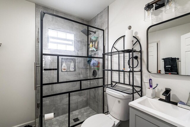 bathroom featuring vanity, toilet, and a shower stall