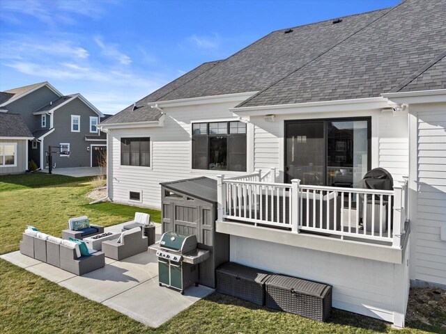 back of house featuring an outdoor hangout area, a patio, a lawn, and roof with shingles