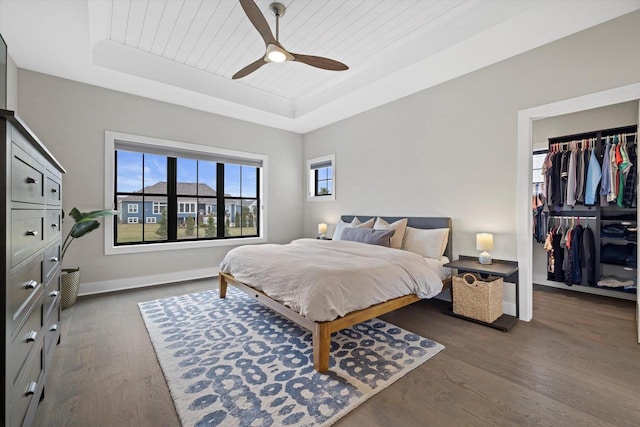 bedroom with a tray ceiling, a closet, a spacious closet, wood finished floors, and baseboards
