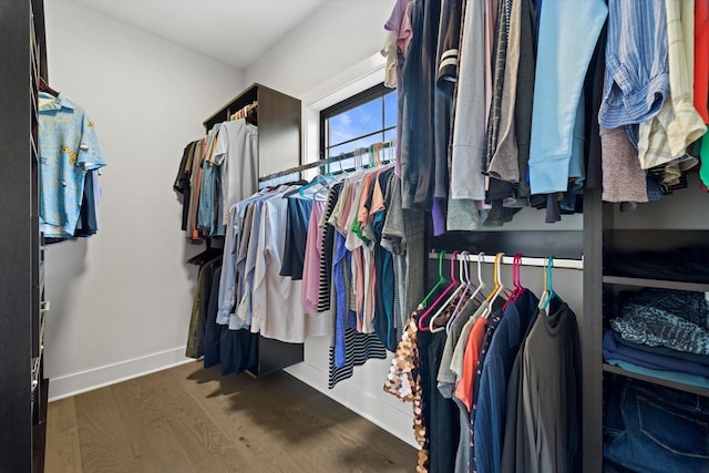 walk in closet with wood finished floors