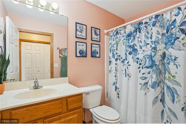 219 Bluff Dr, Somerset, WI 54025 - full bathroom featuring toilet, vanity, a shower with curtain, and a textured ceiling