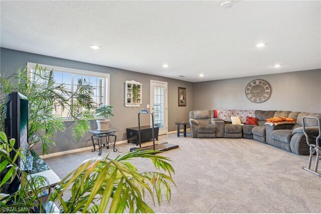 219 Bluff Dr, Somerset, WI 54025 - living area with baseboards, recessed lighting, carpet flooring, and a textured ceiling