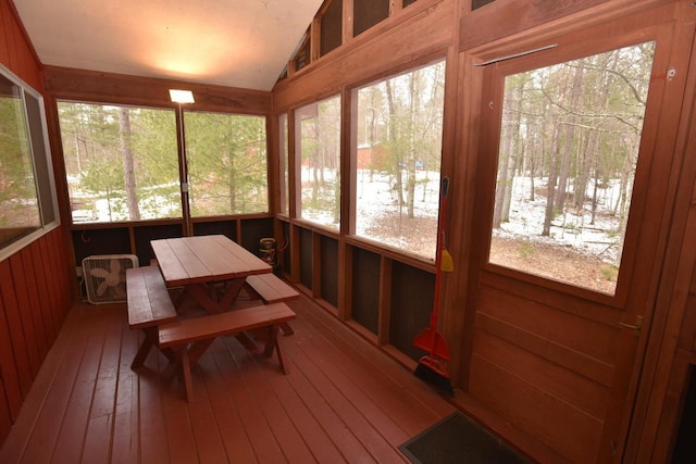W1514 Spirit Ridge Trl, Keshena, WI 54135 - sunroom featuring vaulted ceiling, hardwood / wood-style floors, outdoor dining area, and a deck