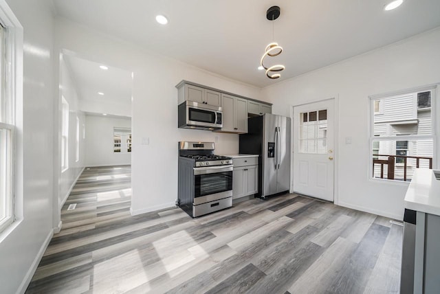 kitchen featuring light countertops, hanging light fixtures, stainless steel appliances, light wood finished floors, and gray cabinetry