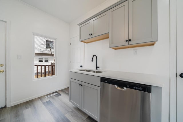 kitchen featuring gray cabinets, stainless steel dishwasher, a sink, and light countertops
