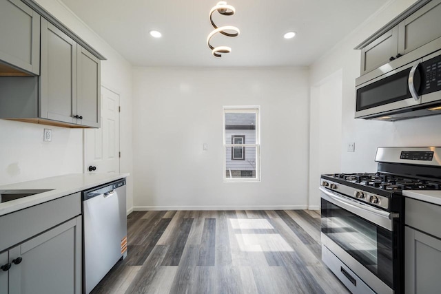 kitchen featuring gray cabinets, appliances with stainless steel finishes, light countertops, and dark wood-style floors