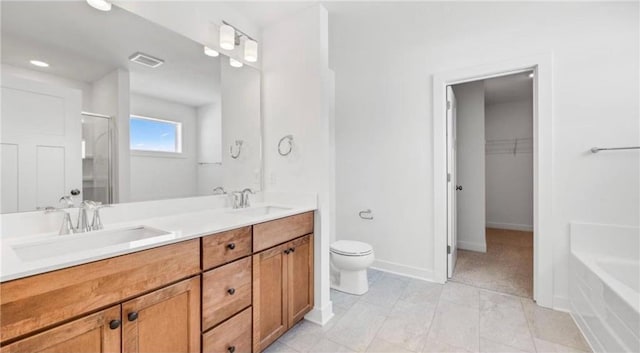 1517 Creekwood Dr, New Richmond, WI 54017 - full bathroom with a shower with door, double vanity, toilet, a tub to relax in, and baseboards