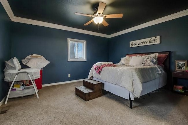 8283 345th St, Stanley, WI 54768 - bedroom featuring ceiling fan, carpet flooring, baseboards, and ornamental molding