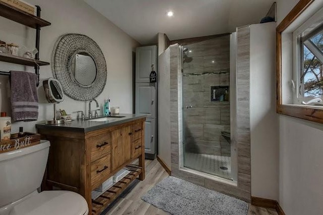 8283 345th St, Stanley, WI 54768 - bathroom featuring a tile shower, toilet, vanity, and wood finished floors