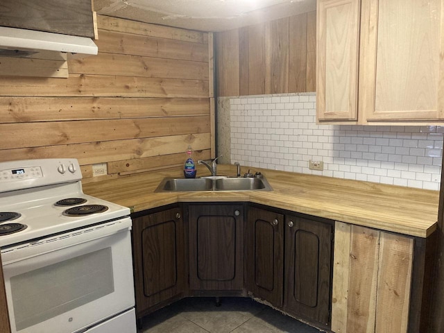 2123 French St, Friendship, WI 53934 - kitchen featuring white electric range oven, wood walls, butcher block counters, and a sink