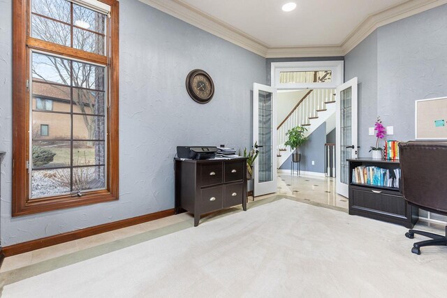 N4455 Dorothy Jane Ct, Kaukauna, WI 54130 - office area featuring ornamental molding, baseboards, and a textured wall