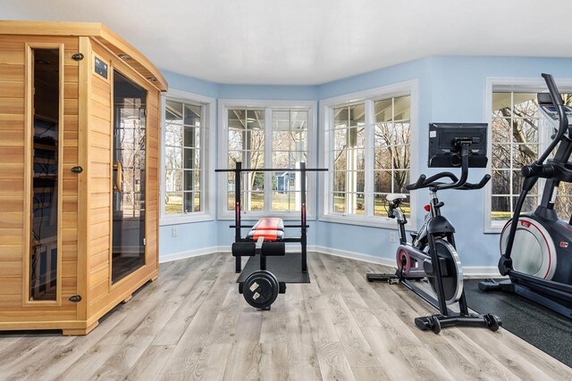 N4455 Dorothy Jane Ct, Kaukauna, WI 54130 - exercise room featuring a sauna, wood finished floors, and baseboards